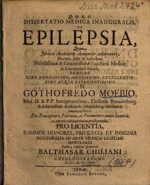 Dissertatio Medica Inauguralis, De Epilepsia
