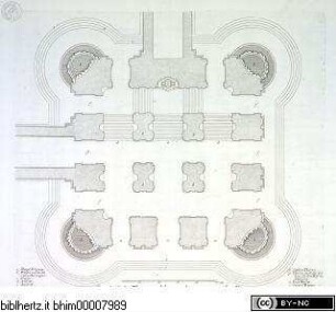 Fürstlicher Baumeister oder Architectura civilis : wie grosser Fürsten und Herren Palläste mit ihren Höfen, Lusthäusern, Gärten, Grotten, Orangerien und anderen darzu gehörigen Gebäuden füglich anzulegen und nach heutiger Art auszuzieren ; zusamt den Grund-Rissen und Durchschnitten, auch vornehmsten Gemächern und Säälen eines ordentlichen fürstlichen Pallastes / inventirt und gezeichnet durch Paulus DeckerTafel II: Grundriss eines Turms, der den Eingang zum Ehrenhof vor dem Fürstlichen Palast bilden kann - Fürstlicher Baumeister oder Architectura civilis ... Teil 1, Teil 2, Anhang
