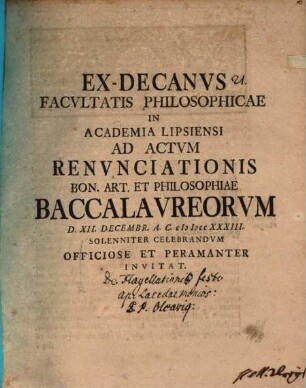 Ex-decanus facultatis philosophicae in Academia Lipsiensi ad actum renunciationis ... Baccalaureorum ... invitat : [praefatus de flagellationis festo apud Lacedaemonios]