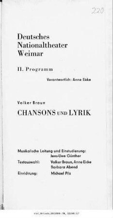3. Chansonabend [...] Volker Braun Chansons und Lyrik