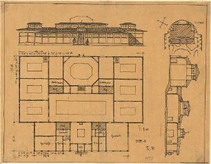 Fischer, Theodor; München, Maximiliansplatz; Kunsthalle - Lageplan, Grundriss, Ansicht, Schnitt