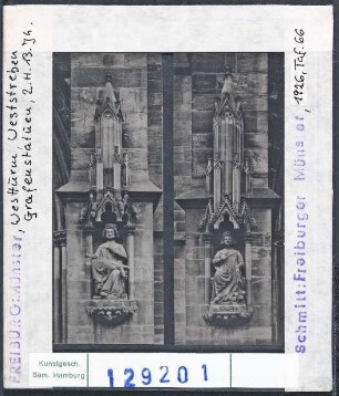 Freiburg i. Br., Münster: Westturm, Weststreben, Grafenstatuen, 2. Hälfte 13. Jhd.