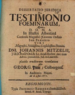 Diss. iur. de testimonio foeminarum