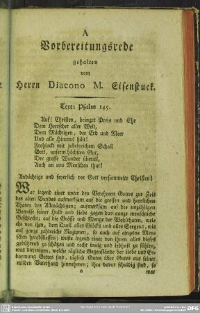 A. Vorbereitungsrede gehalten vom Herrn Diacono M. Eisenstuck