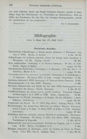 Bibliographie vom 1. Juni bis 31. Juli 1887.