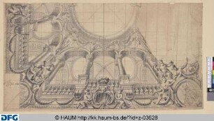 Kassel, Gemach des Landgrafen: Halbentwurf einer Scheinarchitektur für eine quadratische Decke: Galerie mit Arkadenbögen, Kreuzgewölbe und offener Kuppel