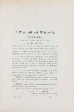 D. Papiergeld und Münzwesen