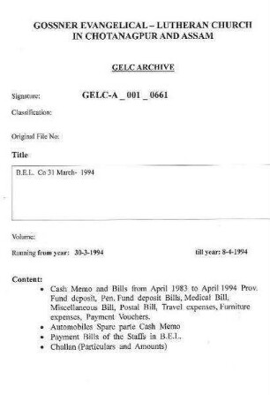 B.E.L. Co 31 March 1994