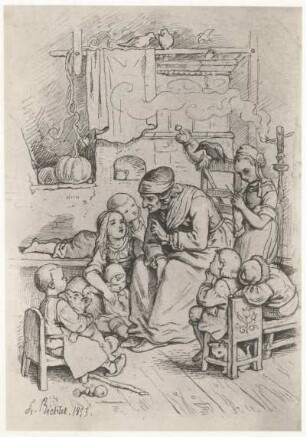 Richter, Ludwig: Märchenerzählerin. Titelblatt zu Bechsteins Märchenbuch (Budde 1150). 1853. Feder, Tusche, leicht getönt; 118 x 86 mm