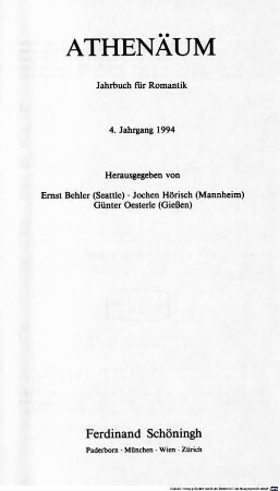 Athenäum : Jahrbuch der Friedrich Schlegel-Gesellschaft. 4, 4. 1994