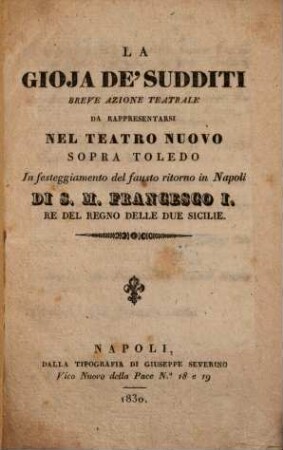 La gioja de'sudditi : Breve azione teatrale