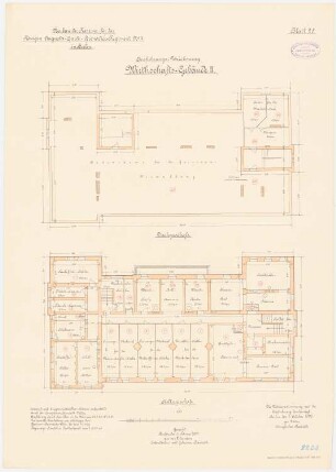 Kaserne des Garde-Kürassier-Regiments und des Königin-Augusta-Garde-Grenadier-Regiments Nr. 4, Berlin: Garde-Cürassier-Regiment, Wirtschaftsgebäude II: Grundriss Kellergeschoss, Dachgeschoss 1:100