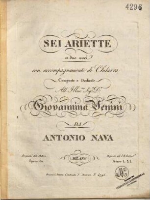 Sei ariette a due voci con accompagnamento di chitarra : opera 60