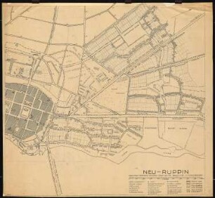 Bebauungsplan der Stadterweiterung, Neuruppin 1. Projekt. Nördliche Hälfte: Grund- und Lageplan 1:2500, bestehend aus den Teilplänen H. J. 1123 und 1122, Einmündung Patentweg