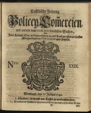Nro. XXIX, Montags, den 17. Julius 1741