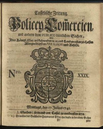 Nro. XXIX, Montags, den 17. Julius 1741