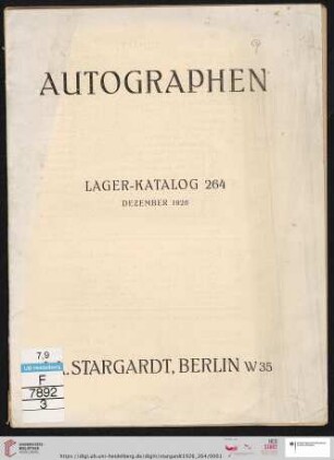 Nr. 264: Katalog / J. A. Stargardt: Autographen