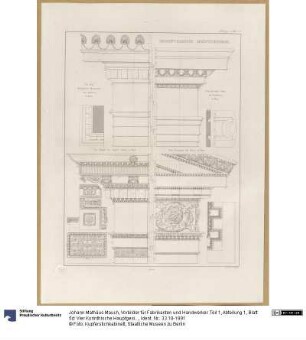 Vorbilder für Fabrikanten und Handwerker. Teil 1, Abteilung 1, Blatt 5d: Vier Korinthische Hauptgesimse antiker Bauwerke