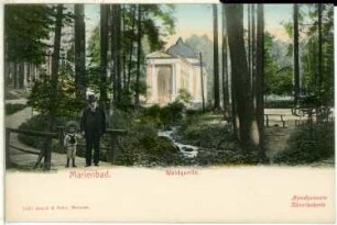 Marienbad. Waldquelle (1840, 1869) : Marienbad. Blick zur Kolonnade der Waldquelle (1840, 1869; F. Zickler). Bemalte Fotografie als Ansichtspostkarte