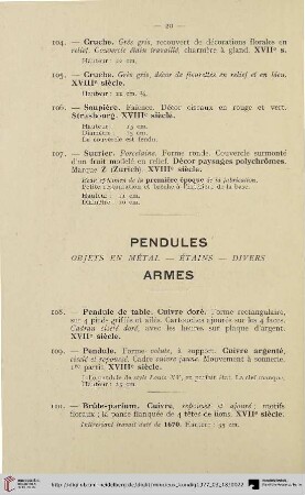 Pendules – Objets en metal – Étains – Divers- Armes (Nr. 108-118)