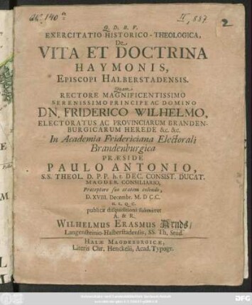 Exercitatio Historico-Theologica, De Vita Et Doctrina Haymonis, Episcopi Halberstadensis
