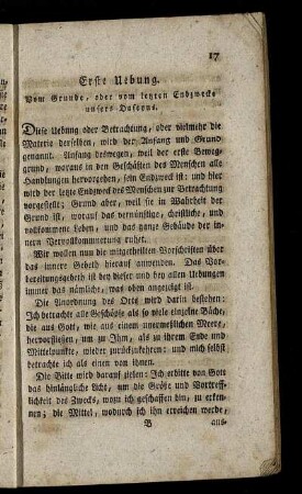 Erste Uebung. Vom Grunde, oder vom letzten Endzwecke unseres Daseyns.