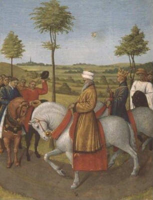 Grandes Chroniques de France — Kaiser Karl IV. und König Karl V. werden auf dem Weg nach Saint-Denis durch eine Gesandtschaft empfangen, Folio 444 verso