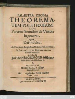 Palaestra Decima Theorematum Politicorum, Exhibens Partem secundam de Virtute in genere,