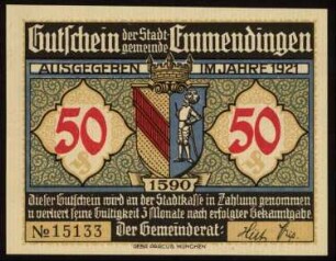 50 (Pfennig) Gutschein der Stadtgemeinde Emmendingen