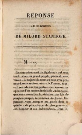 Réponse au discours de Milord Stanhope, sur l'occupation de la France par l'armée étrangère