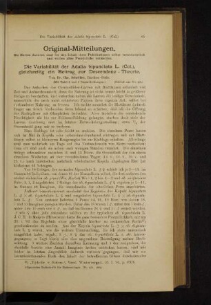 Die Variabilität der Adalia bipunctata L. (Col.), gleichzeitig ein Beitrag zur Descendenz-Theorie.