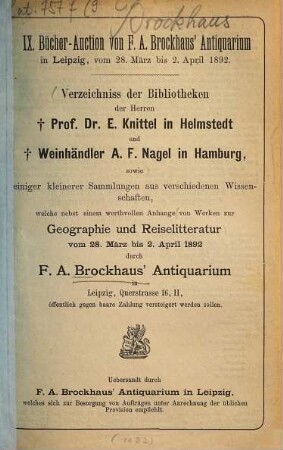 Bücher-Auction von F. A. Brockhaus' Antiquarium in Leipzig. 9. 1892