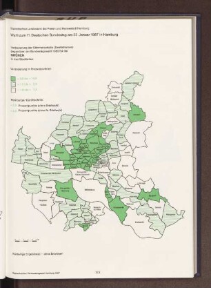 Veränderung der Stimmenanteile (Zweitstimmen) gegenüber der Bundestagswahl 1983 für die GRÜNEN in den Stadtteilen