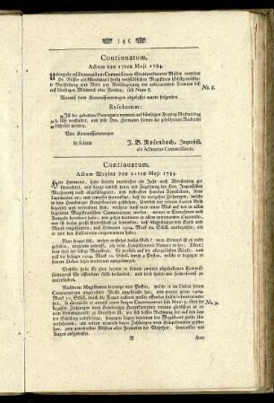 Continuatum Actum den 17ten Mji 1784. - Continuatum den 26ten Junii 1784.