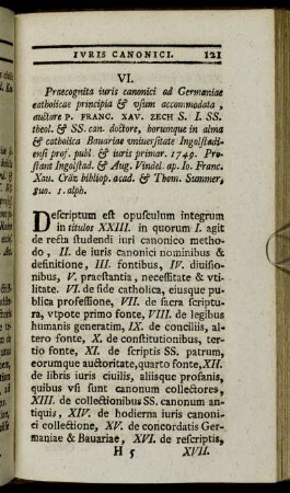 VI. Praecognita iuris canonici ad Germaniae catholicae prinicipia & usum accommodata, auctore P. Franc. Xav. Zech[...]
