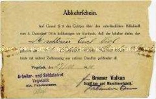 Entlassungsschein für den Maschinenschlosser Carl Viol