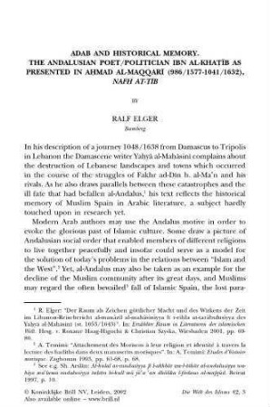 42: Adab and historical memory : The Andalusian poet/politican Ibn al-Khaṭīb as presented in Aḥmad al-Maqqarī (986/1577-1041/1632), nafḥ aṭ-ṭīb