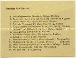 Handzettel mit der Kandidatenliste der Deutschen Volkspartei für die sächsische Landtagswahl