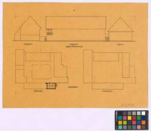 ohne Ort: unbekanntes Gehöft. - Lageplan des Erdgeschosses. - Lageplan des Obergeschosses. - Wohnhaus (Ansicht). - Kuhstall (Ansicht). - Scheune (Ansicht)