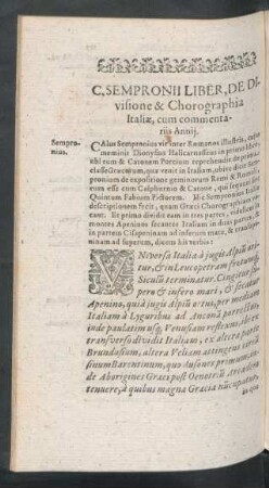 C. Sempronii Liber, De Divisione & Chorographia Italiae, cum commentariis Annii.