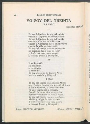 Yo soy del treinta : Tango. Editorial Edami