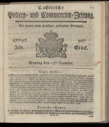 50tes Stueck, Montag den 13ten December. 1779