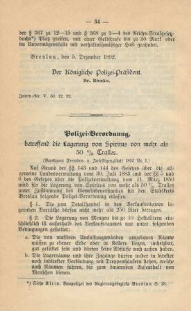 Polizei-Verordnung, betreffend die Lagerung von Spiritus von mehr als 50 % Tralles.
