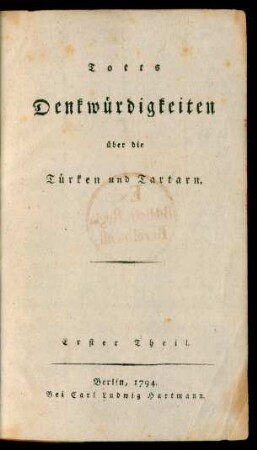 Th. 1: Totts Denkwürdigkeiten über die Türken und Tartarn