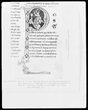 Vitae et Passiones — Initiale P (ost vindictam), darin ein Fabeltier, Folio 75recto