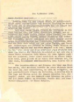 Brief des Pendle Hill College an deutsche Quäker mit der Ankündigung eines Kleiderpaketes - Sachkonvolut