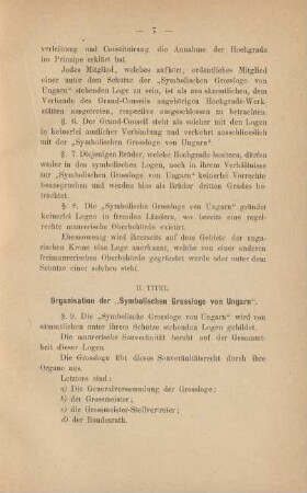 II. Titel. Organisation der "Symbolischen Grossloge von Ungarn".
