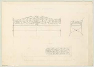 Eiserne Gartenbank Monatskonkurrenz Juli 1852: Grundriss Sitzfläche, Aufriss Vorderansicht, Seitenansicht; Maßstabsleiste