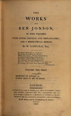 The Works of Ben Johnson : in 9 volumes. 1, ... containing Memoirs of Johnson, &c. Every man in his humor