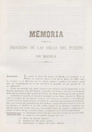 Memoria sobre el progreso de las obras del puerto de Manila